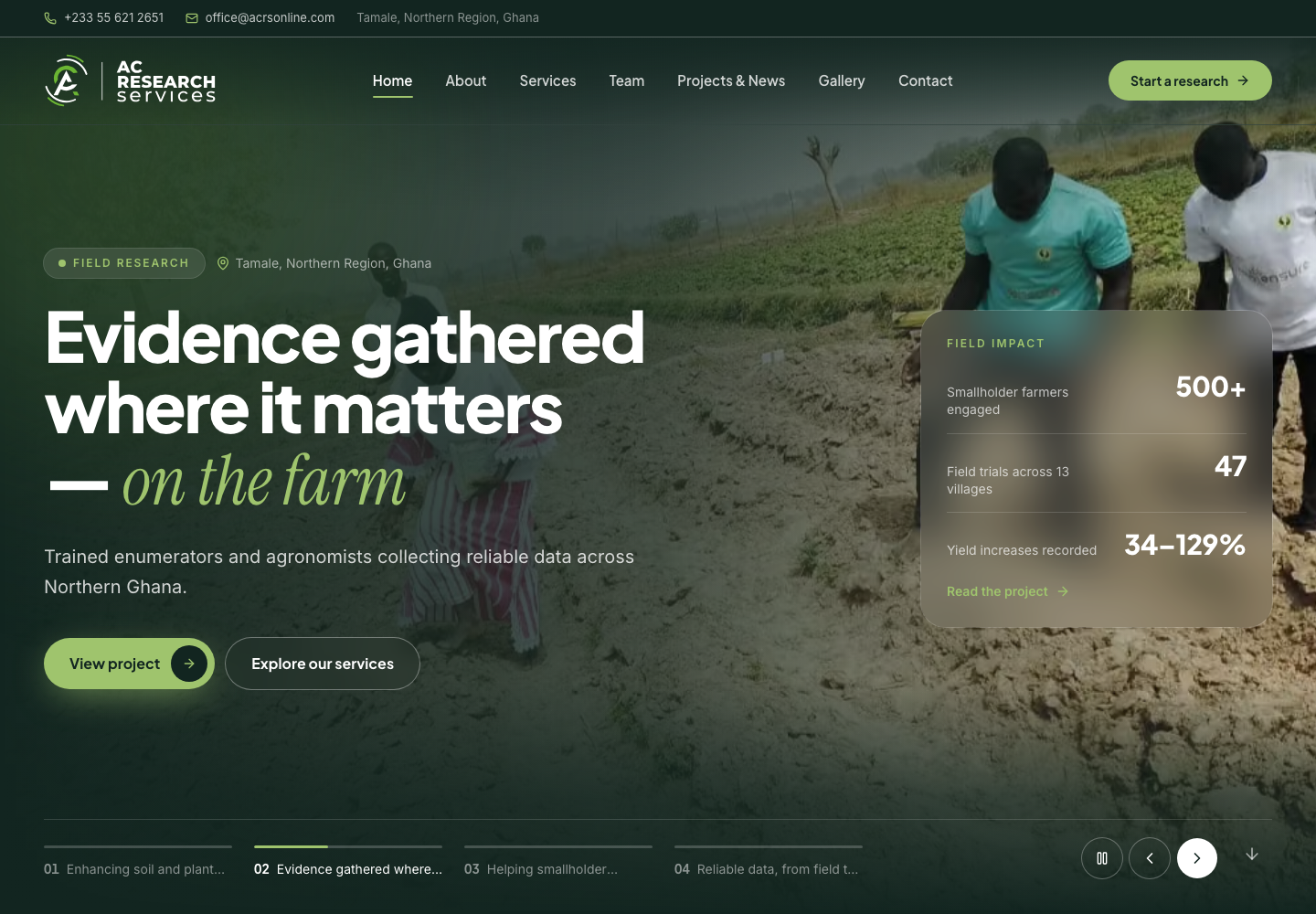 AC Research Services website showing field research in Northern Ghana, built by Codolla Studio