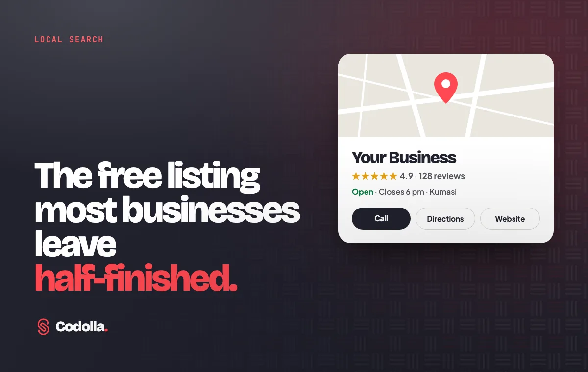A local business listing card with a map pin, star rating and buttons to call, get directions or visit the website