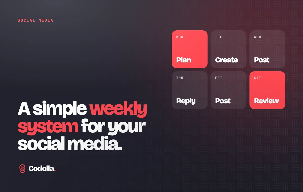 A weekly plan: plan on Monday, create on Tuesday, post on Wednesday and Friday, reply on Thursday, review on Saturday