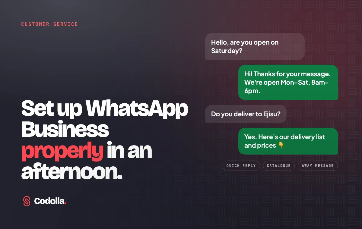 WhatsApp-style chat bubbles with a customer asking about opening hours and delivery, and labels for quick replies, catalogue and away message