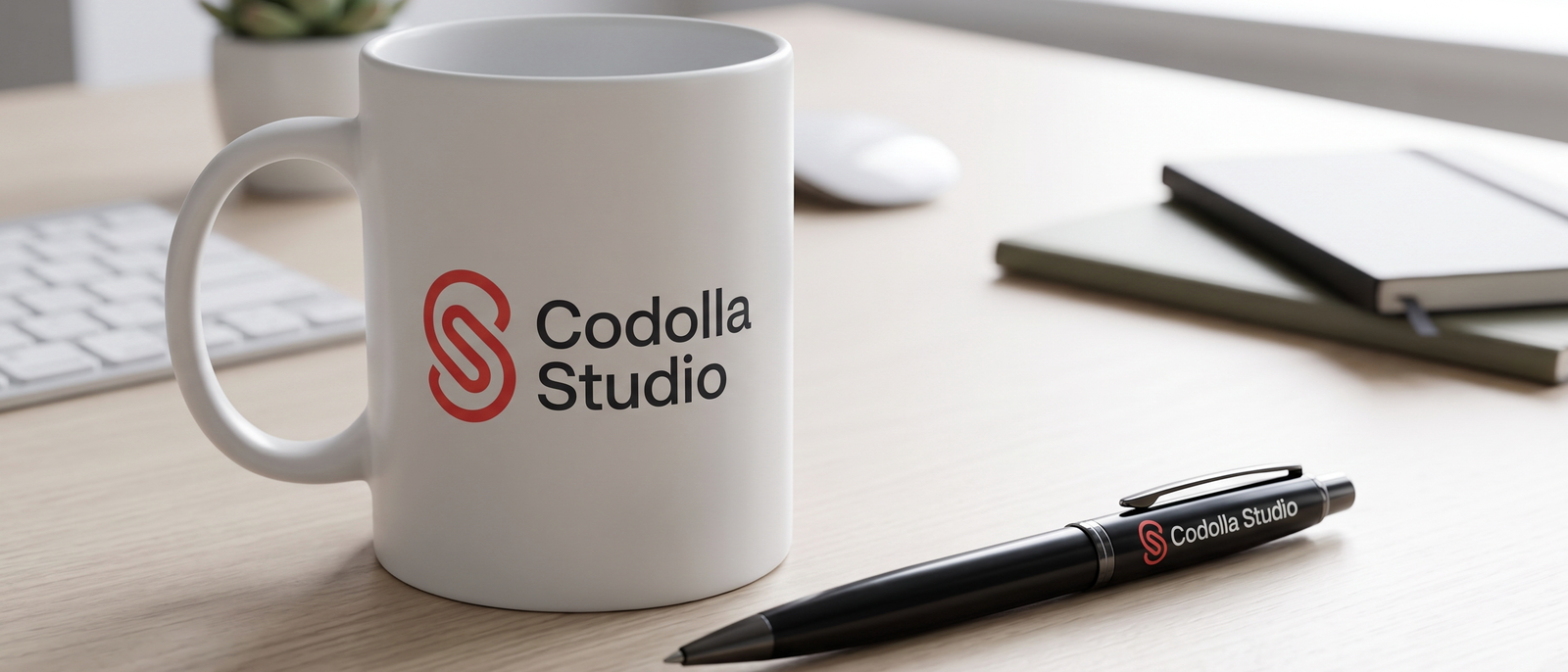 Codolla Studio branded mug and pen on a desk