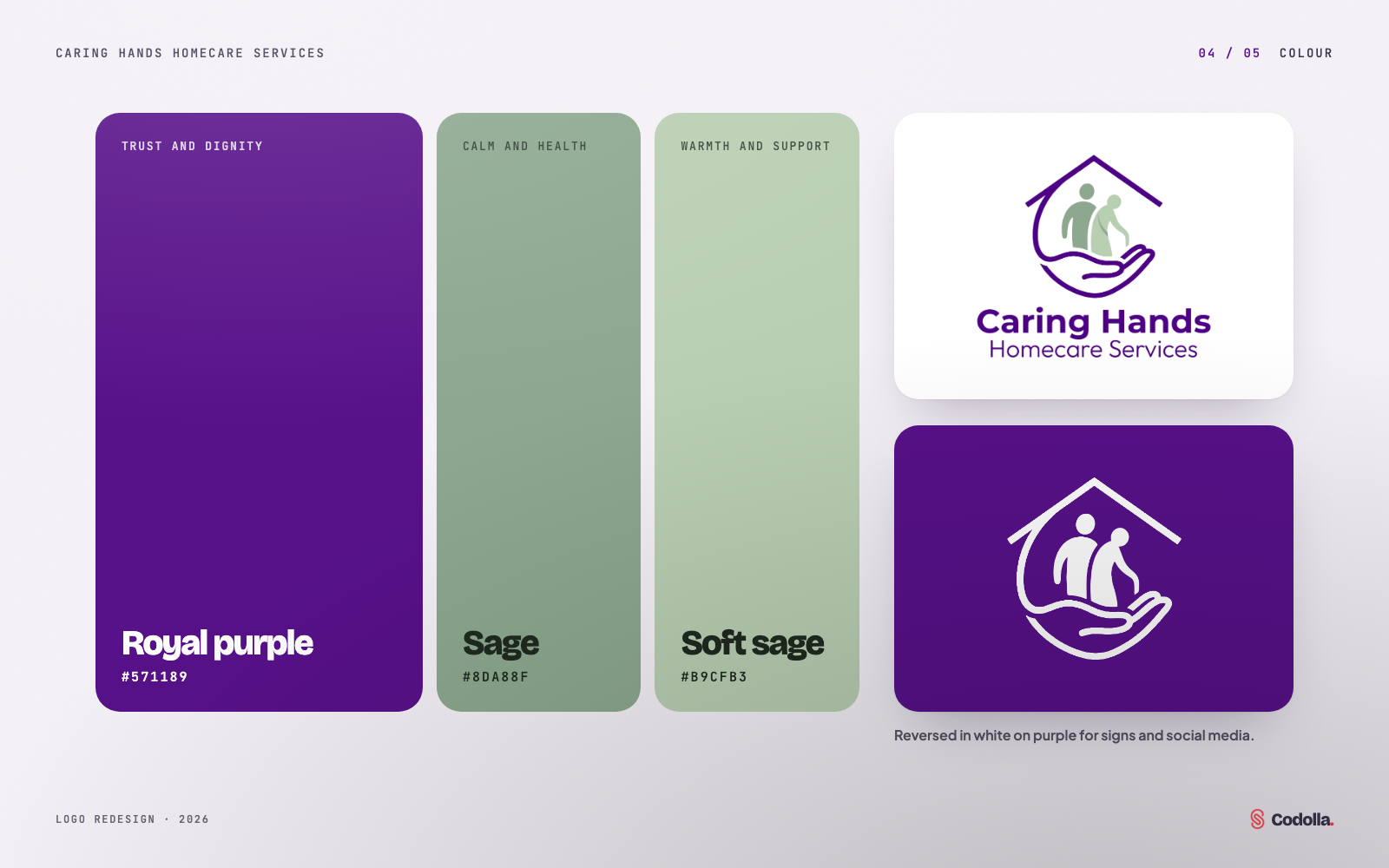 Colour palette of royal purple #571189, sage #8DA88F and soft sage #B9CFB3, with the logo in full colour and reversed on purple