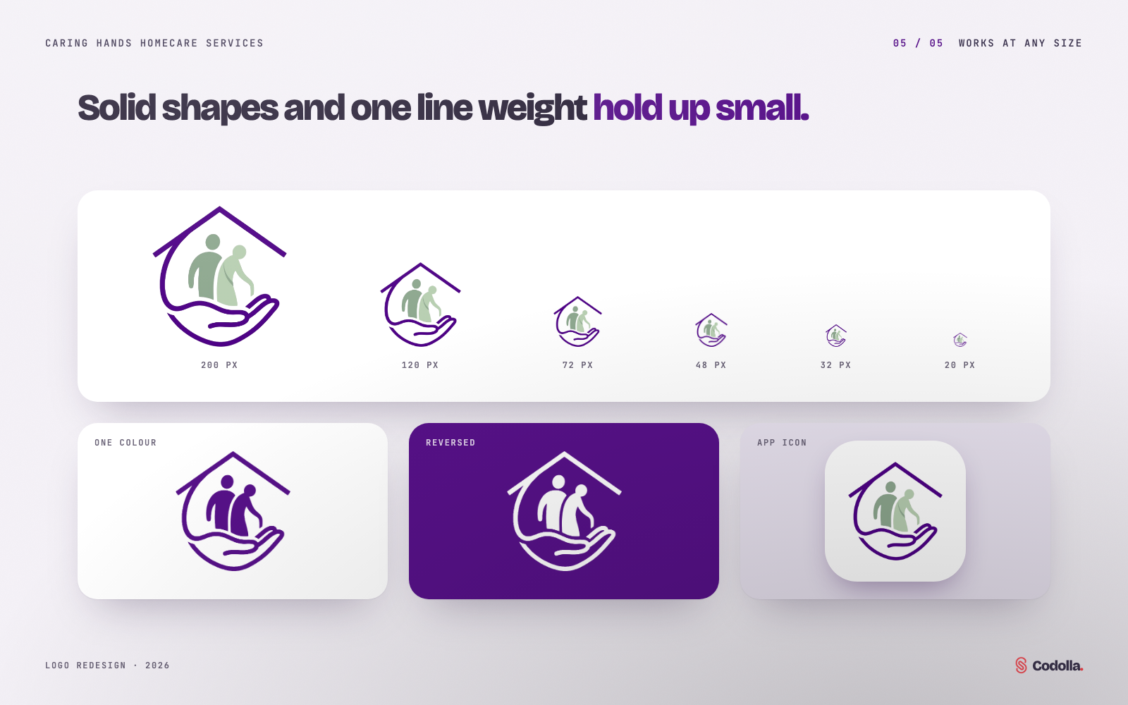 The new mark shown from 200 down to 20 pixels, in one colour, reversed on purple and as an app icon