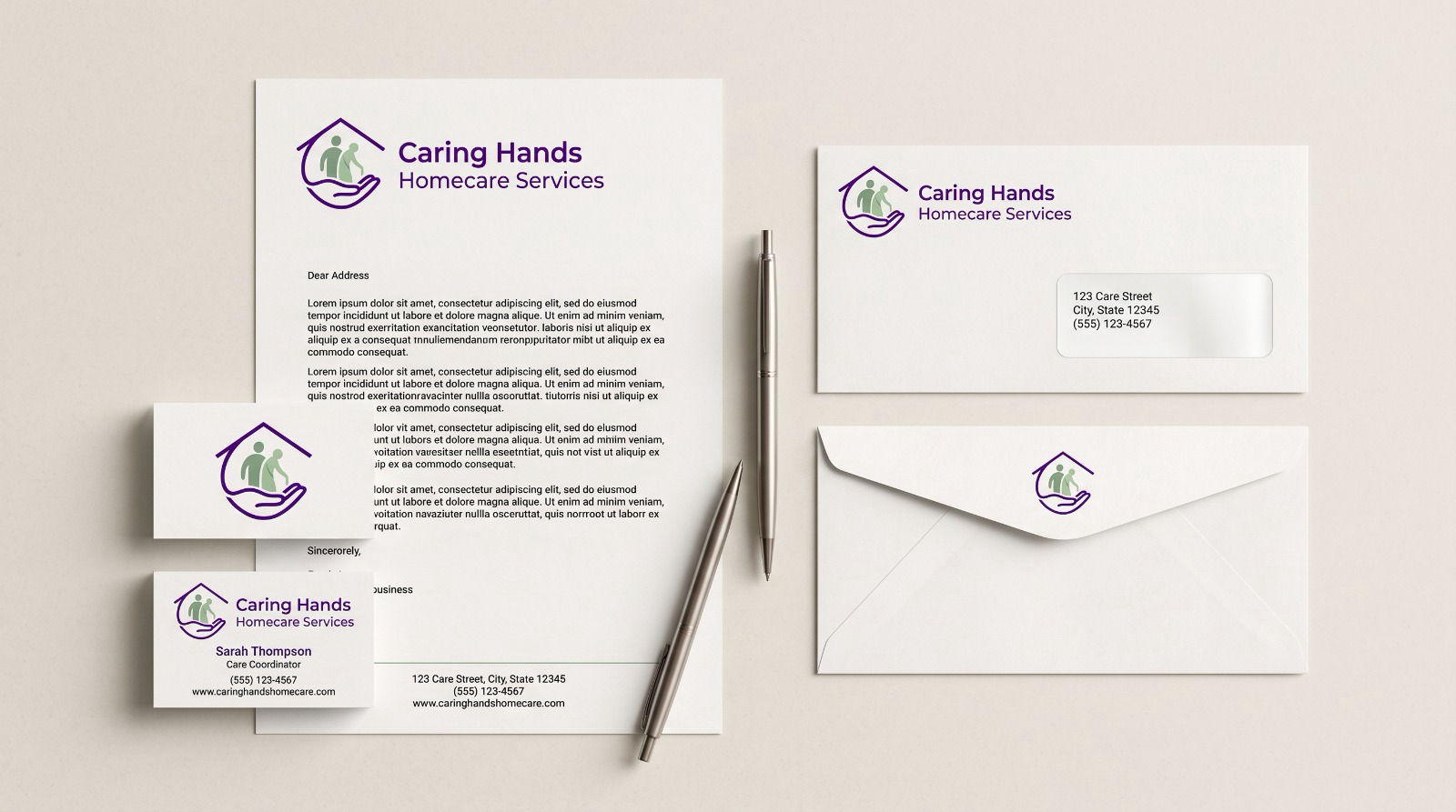 Caring Hands letterhead, envelopes and business cards with the new logo