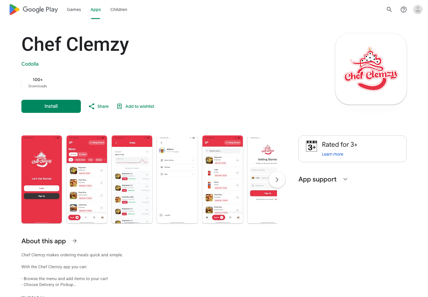 Chef Clemzy food ordering mobile app screens for Android and iOS