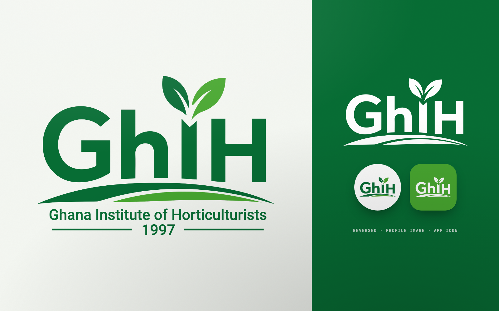 The proposed GhIH logo: the GhIH acronym with two leaves rising from the I above curved field lines, in full colour and reversed on green