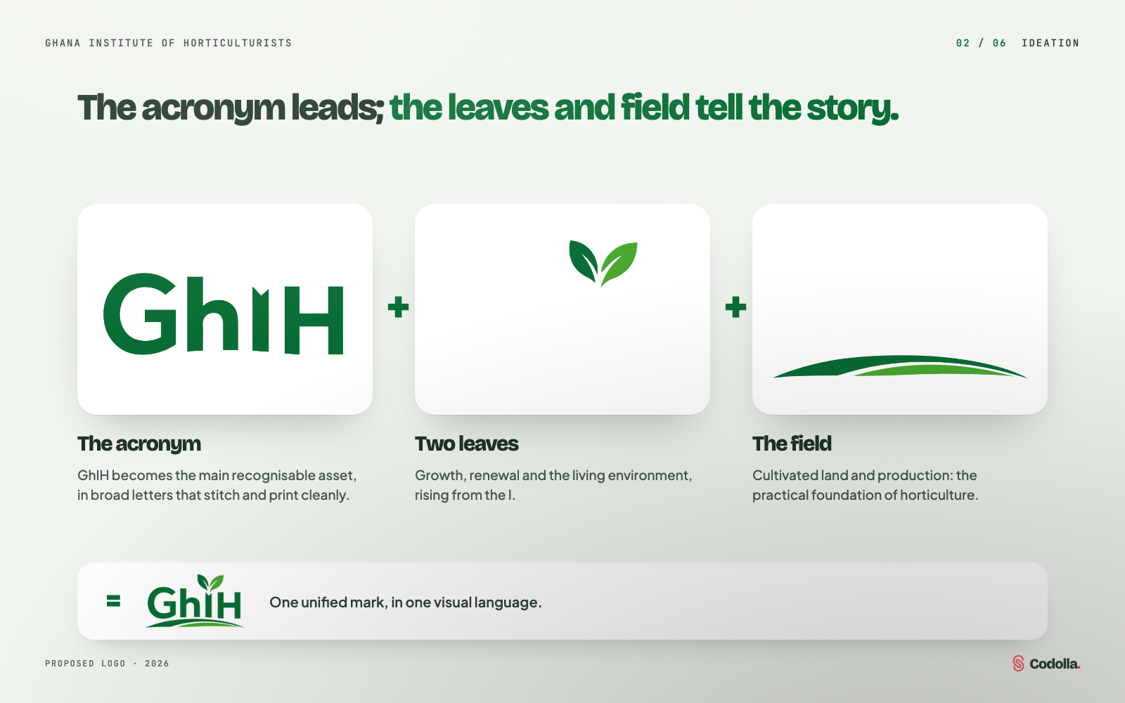 The proposed logo broken into the GhIH letters, two leaves and the field lines, combined into one mark