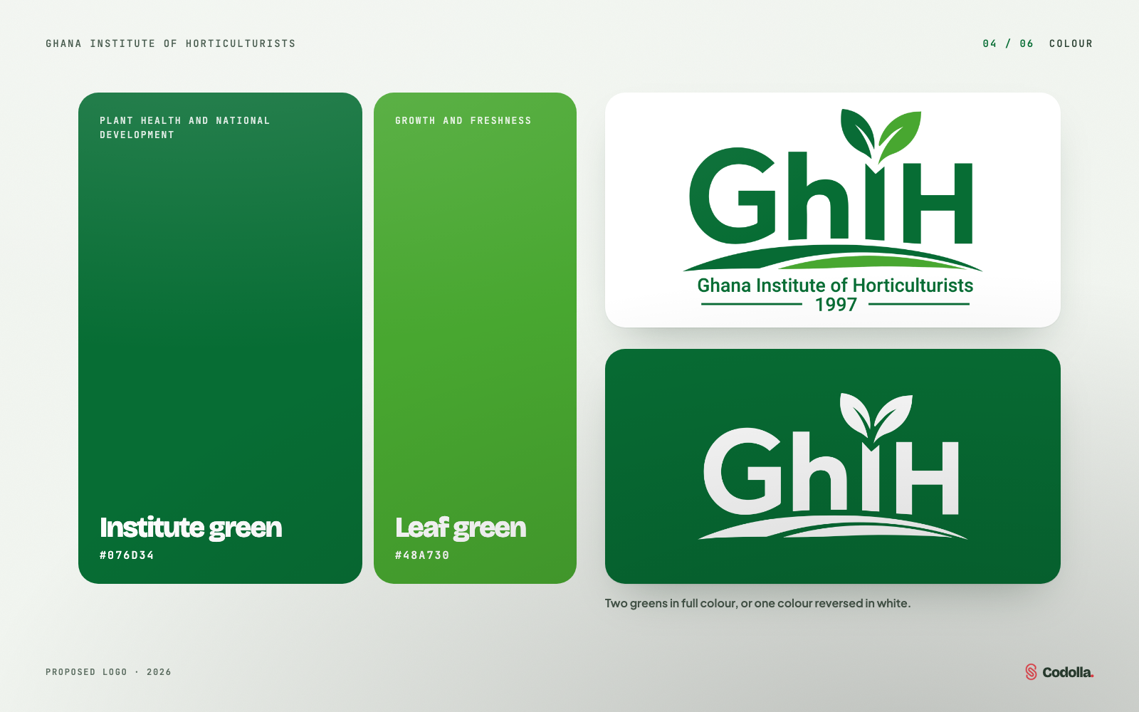 Institute green #076D34 and leaf green #48A730, with the logo in full colour and reversed on green