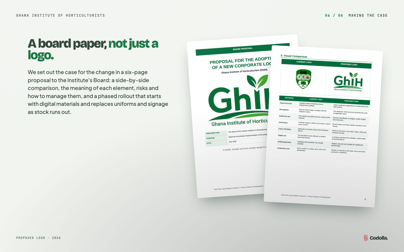Pages of the GhIH logo adoption proposal to the Board