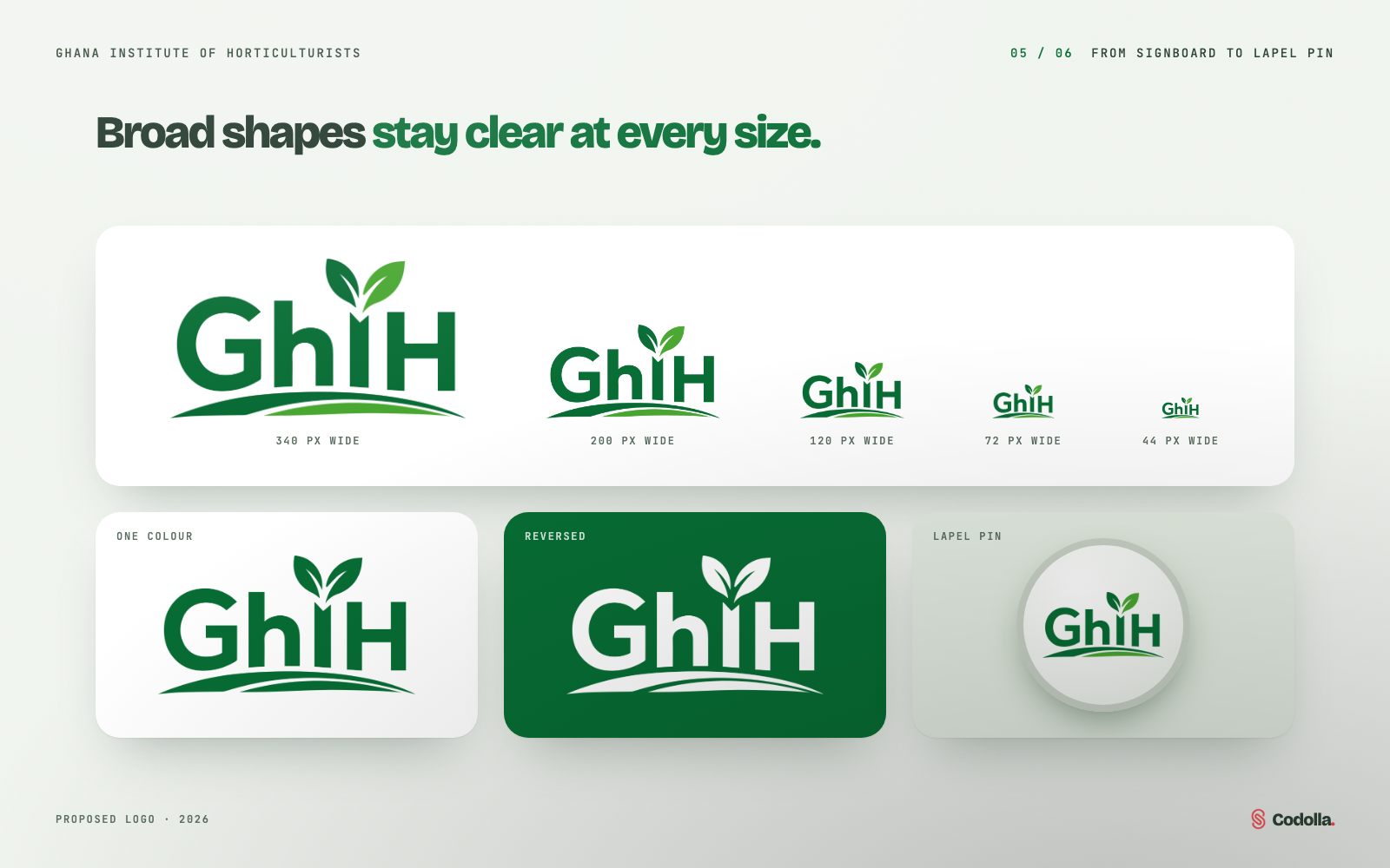 The proposed GhIH mark at sizes from 340 down to 44 pixels wide, in one colour, reversed and on a lapel pin