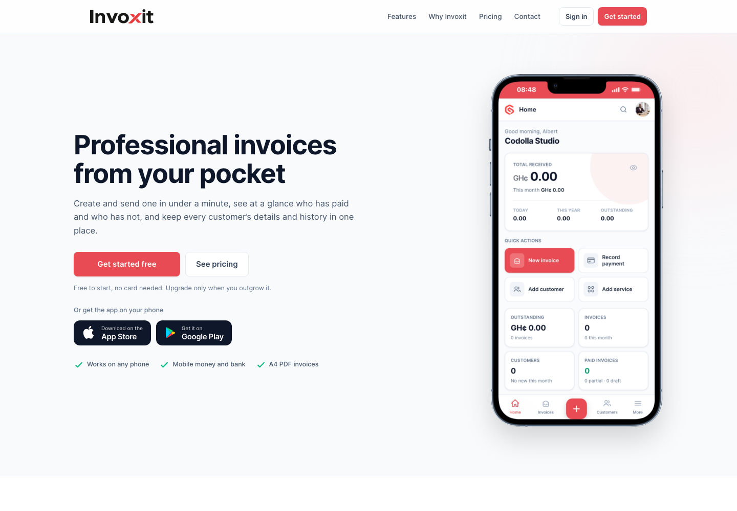 Invoxit invoicing app website with the mobile app dashboard, built by Codolla Studio