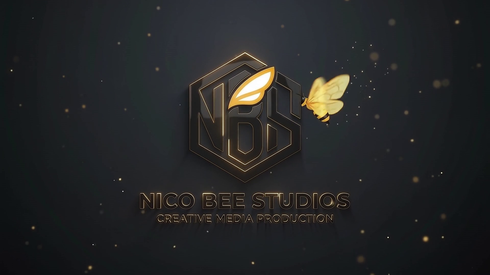The Nico Bee Studios logo in gold on charcoal, with a bee beside the NBS honeycomb mark