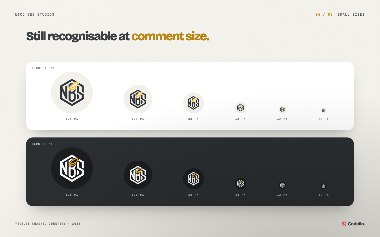 The Nico Bee Studios avatar from 176 down to 24 pixels on light and dark themes
