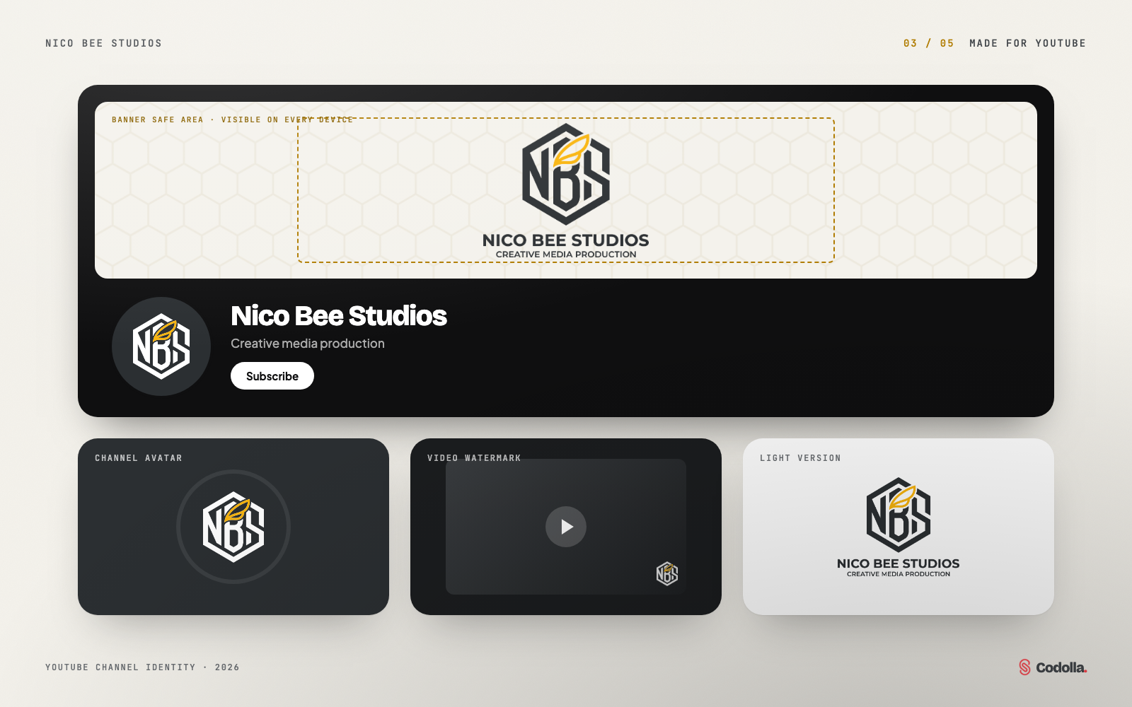 A YouTube channel layout with the Nico Bee Studios banner, round avatar, subscribe button and a video watermark