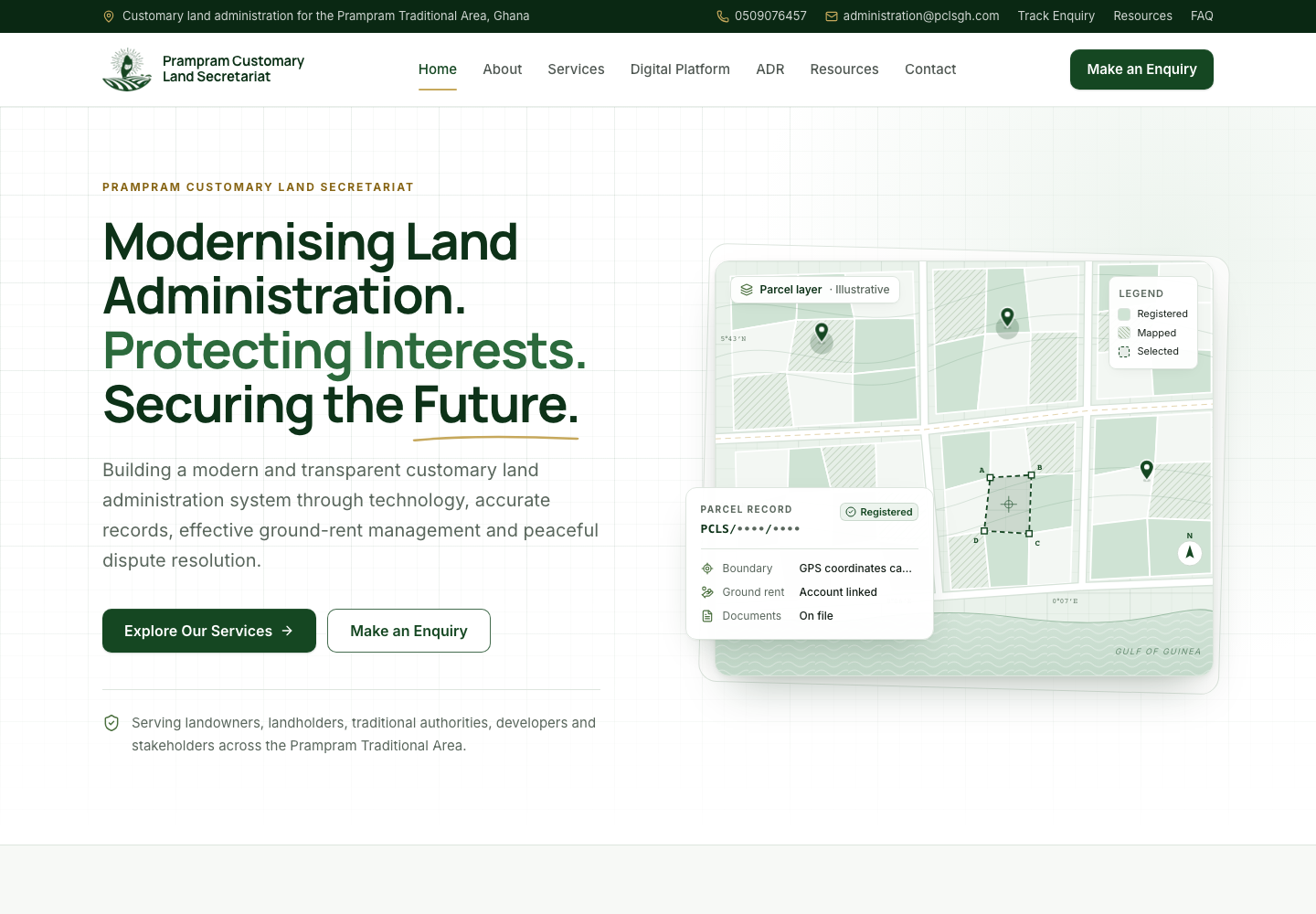 Prampram Customary Land Secretariat website introducing its digital land administration platform
